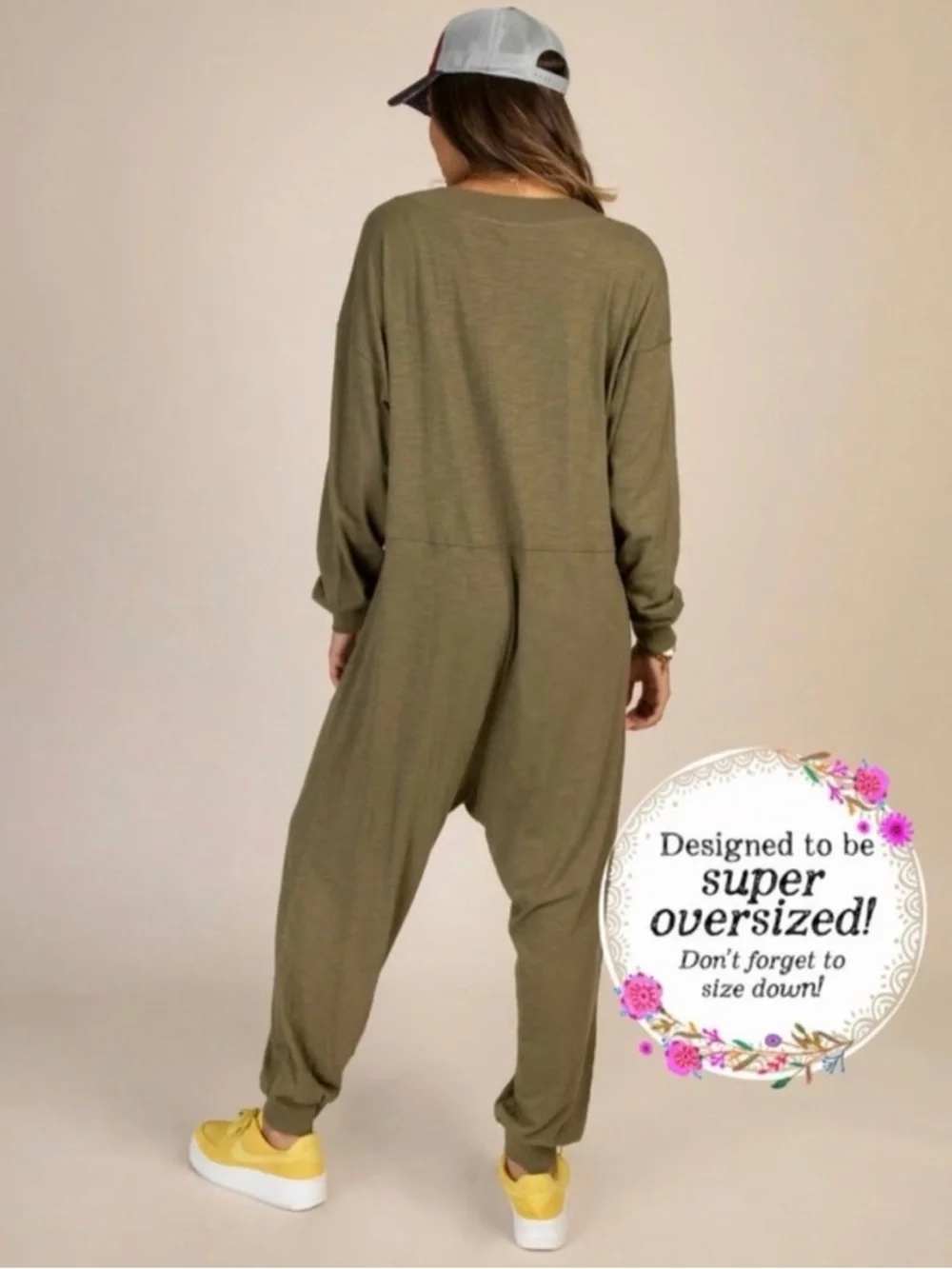 Natural Life Johnnie Jumpsuit Plunge Oversized V-Neck Jumper XS Olive Green - Picture 2 of 10